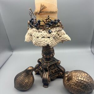 Primitive candlestick with lace dollie, 2 ceramic quail decor